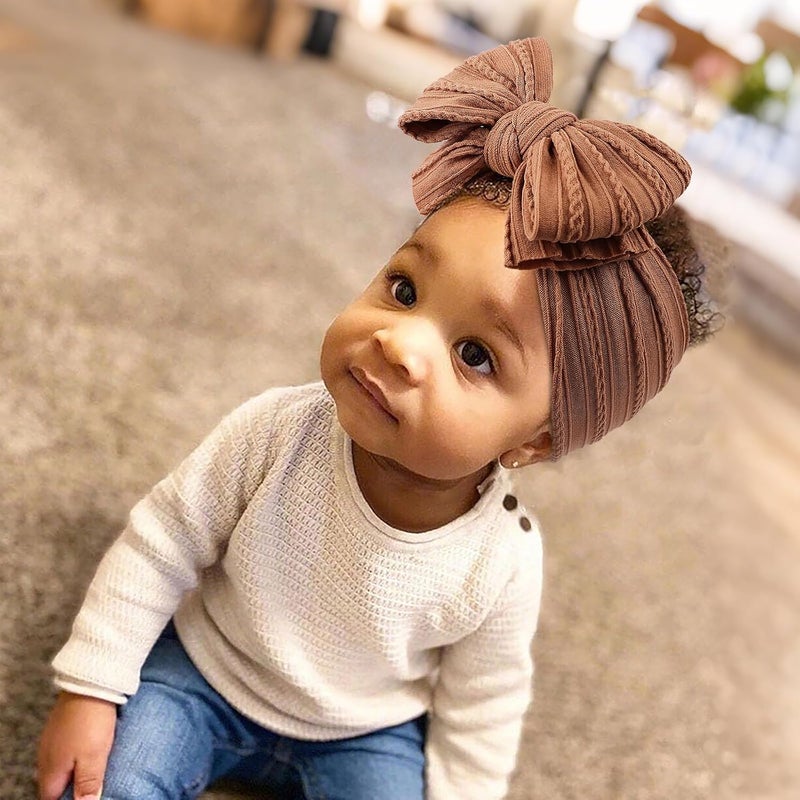 LemonSpace Store LemonSpce Handmade Baby Bows for baby girls Stretchy Nylon Hair Bands Hair Accessories with Headbands Bows for Newborn Baby Girls Infant Toddlers Kids Bow(Pink Brown light Beige) - Image 2